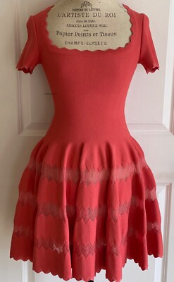 NWT AZZEDINE ALAIA  CORAL STRETCH KNIT FIT & FLARE DRESS SHORT SLEEVE 40