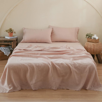 Embroidered 100% Linen Sheet Set - Pink Queen Size, 4 Pieces, Soft & Breathable