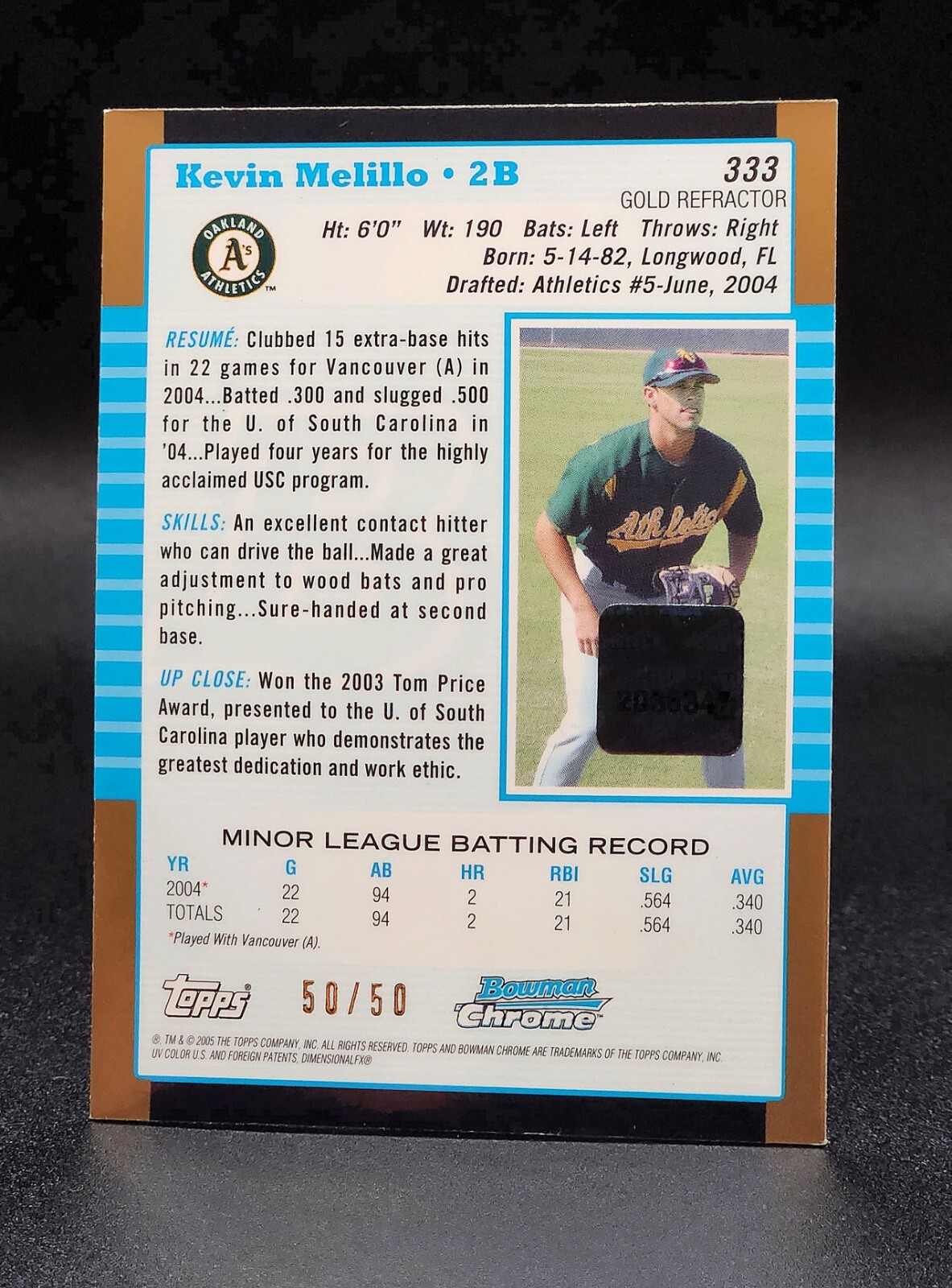 2005 Bowman Chrome 333 Gold Refractor Rookie Auto Last Print 50/50 Kevin Melillo view 3
