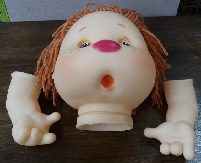 LARGE Plastic Doll Head with hands and yarn hair. NEW old stock! 1980's