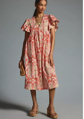 Anthropologie Maeve Printed Flutter Sleeve Babydoll Dress Size XS new