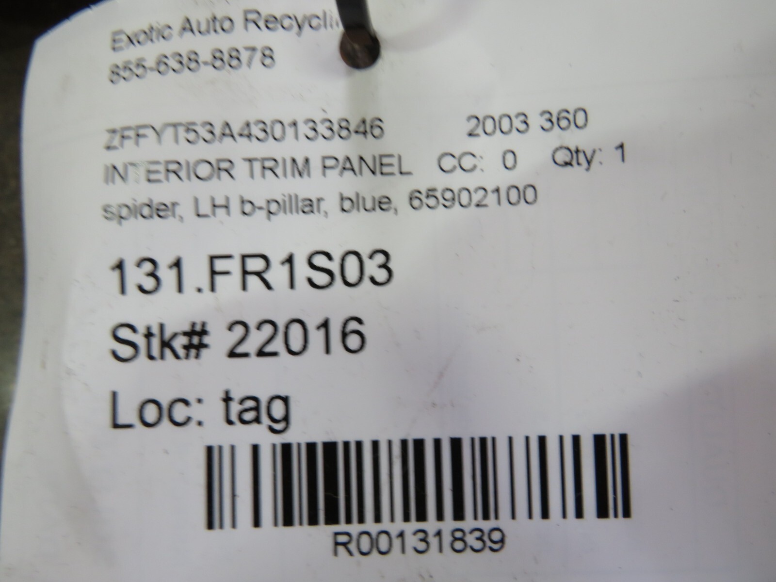 Ferrari 360, Spider, LH, Left, B-Pillar Trim Panel, Used, Tan, P/N 65902100