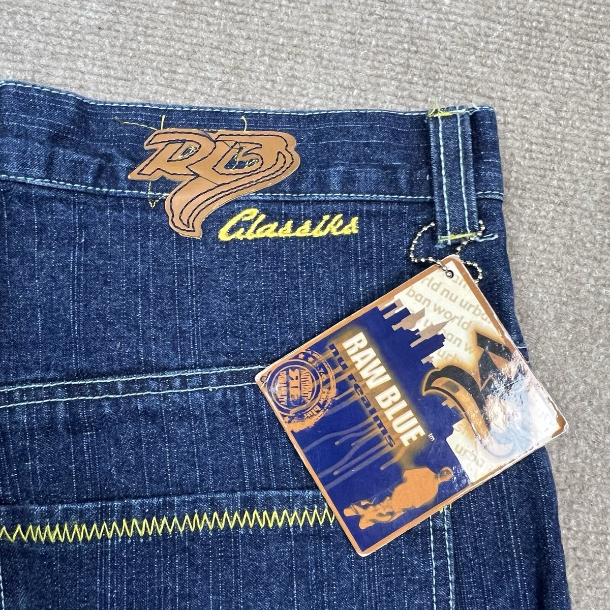 Vintage Y2K Raw Blue Baggy Embroidered Denim Jeans Men 34x34