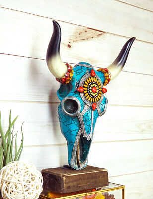 Rustic Western Aztec Mosaic Turquoise Cow Steer Bull Skull Desktop