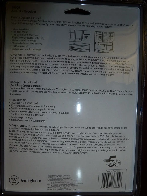 Westinghouse 76604 Wireless Battery Operated Add-On Chime Receiver White (NEW) - Image 2 of 3