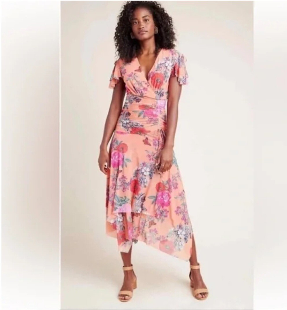 anthropologie pink butterfly dress Maeve Anthropologie Simone Orange Ruched Butterfly Floral Midi Dress Small