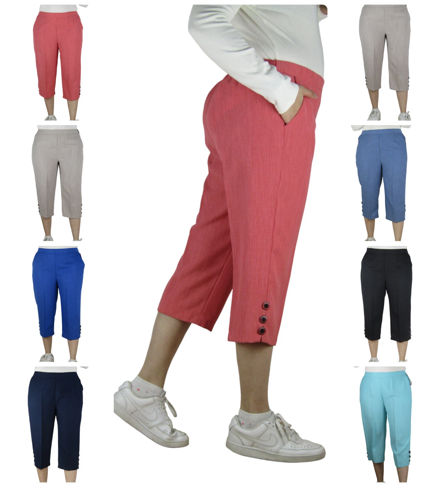 Ladies Capri Pocket Trousers Women Cropped 3/4 Elastic Back Girls Summer Pants