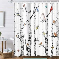 Christmas Winter Bird Fabric Shower Curtain, White Black Birch Tree Forest Showe