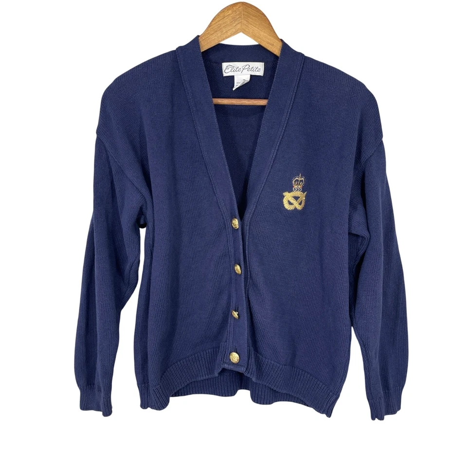 Cárdigan Suéter Vintage Mujer Cresta Cottage Academia Retro EE. UU. Talla L Azul Foto 3 de 4