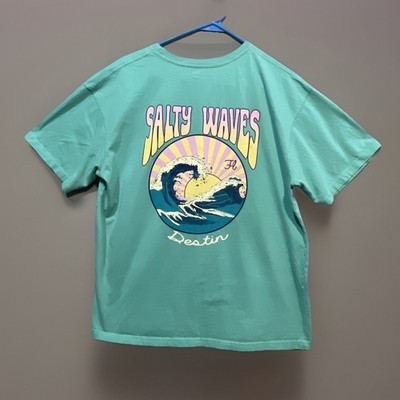 Vtg Salty Waves Graphic Destin Beach Fl T-Shirt Sz L Teal/Aqua Cotton 90s Beach