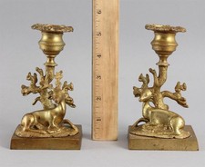 Pair Small Antique 19thC Regency Gold Gilt Bronze Deer Figural Candlesticks, NR 