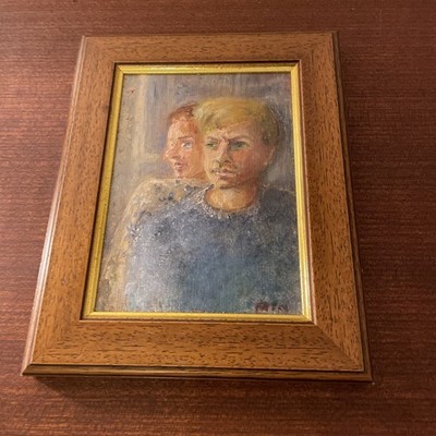 Patricia Pryce Blue Study Two Boys Gemälde 5x7 dunkler Holzrahmen