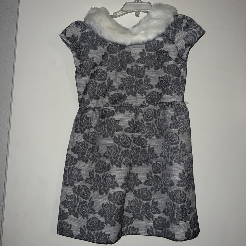 NWT Gray Janie And Jack Sz 5 Dress White Fur Collar Floral jacquard Design