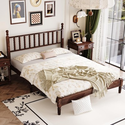 Walnut Queen Size Solid Wood Bed Frame with Gourd Shaped Headboard, Classic