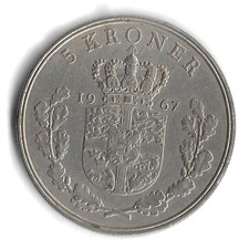 1967 Denmark 5 Kroner World Coin - Mintage 1,864,272 - KM# 853