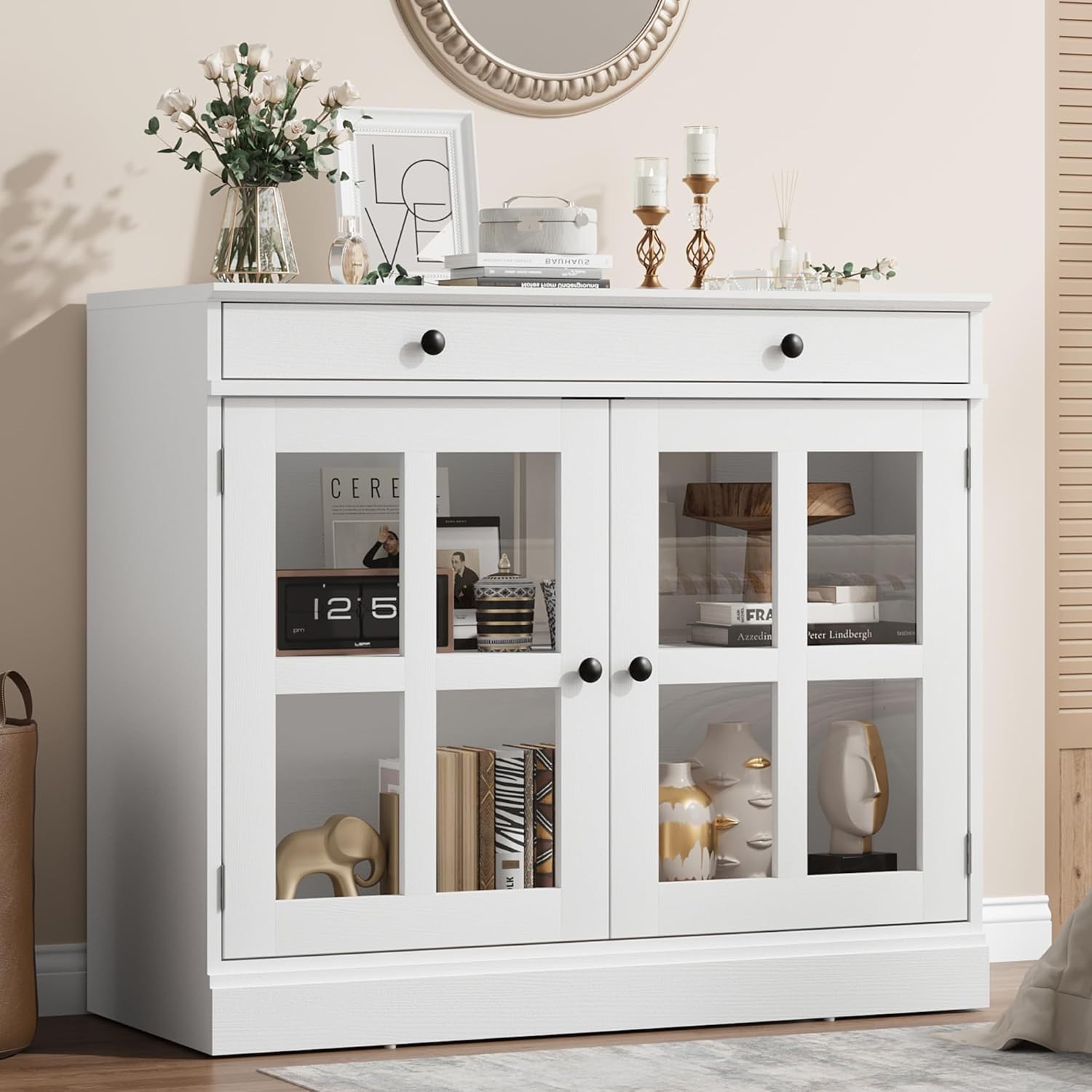 Multicolor 35.4" Sideboard W/ Glass Doors & Drawer Modern Bu