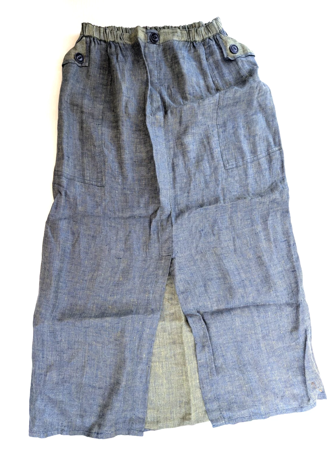 FLAX Linen Skirt Small Blue Denim Boho Lagenlook Natural Pull On Stretch Pockets