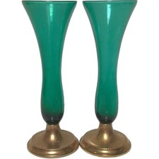 Vintage Circa Mid-20th Century Green and Gold Plated Vases Pair Set of 2