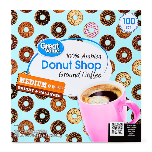 Great Value Donut Arabica Medium Roast Ground Coffee Pods, 38.4 oz, 100 Count