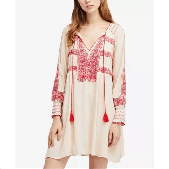 Free People Wind Willow Peasant Embroidered Dress Cream Red Size XS