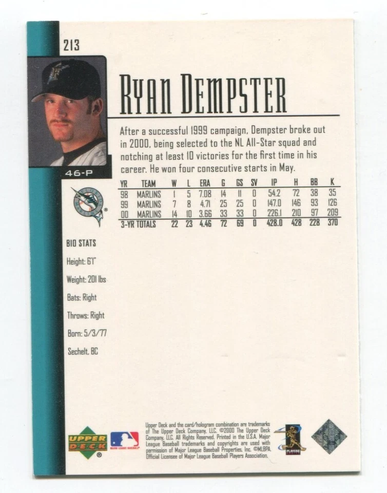 2001 Upper Deck Ryan Dempster 签名卡 美国职棒大联盟 棒球 亲笔签名 #213 — 第 2/2 张图片