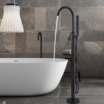 Schwarz Freistehende Badewannearmatur Wasserfall Set Wannenarmatur Handbrause