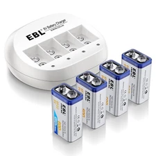 EBL 4x 600mAh 9V Li-ion Rechargeable Batteries + 9V Lithium ion Battery Charger