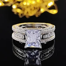 Women's Princess Silver Stainless Steel AAA Cz Engagement Wedding Ring Set
