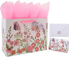 13" Large Pink Gift Bag Set with Greeting Card and Tissue Papers (3D Butterfly a