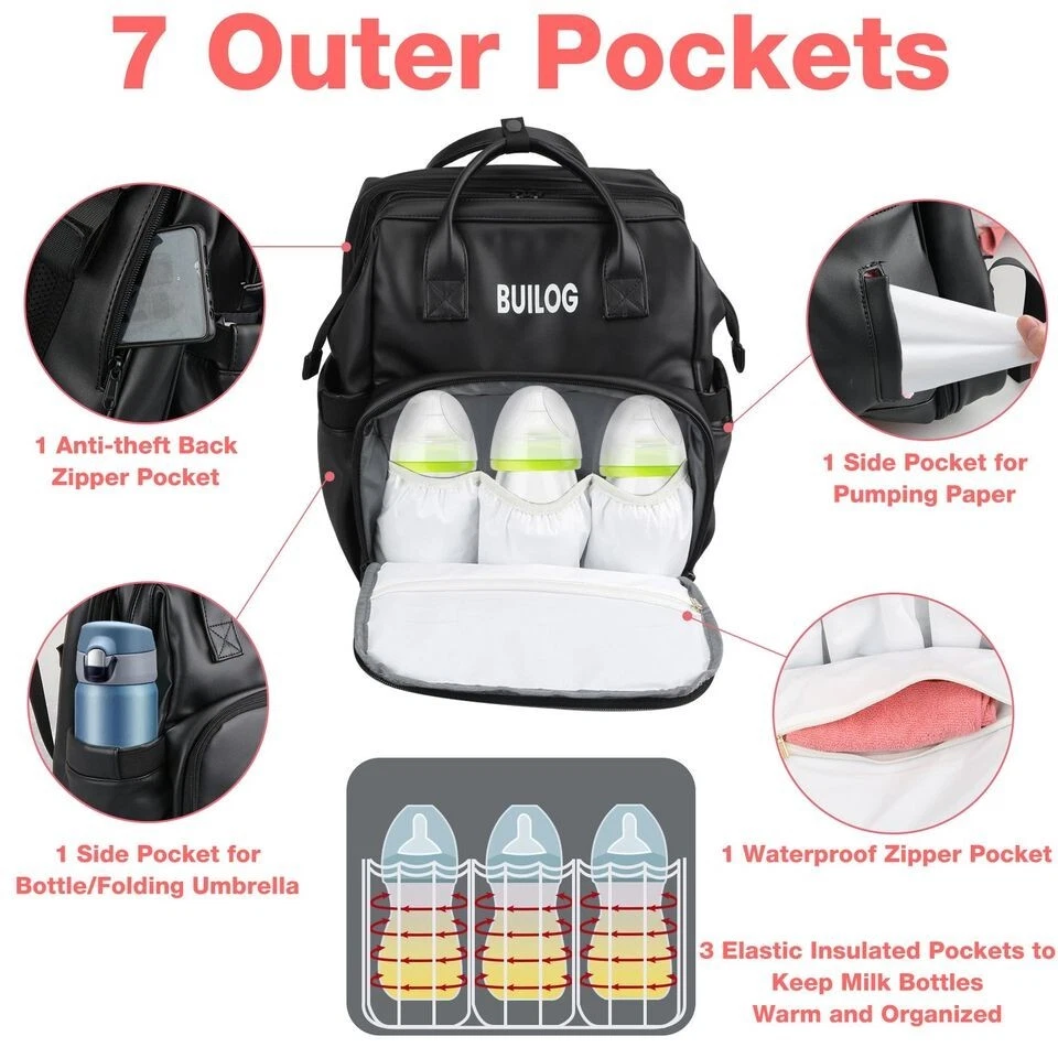 Bolsa de pañales 2025 mochila bolsa de bebé de cuero con cambiador cama de bebé portátil Foto 3 de 4