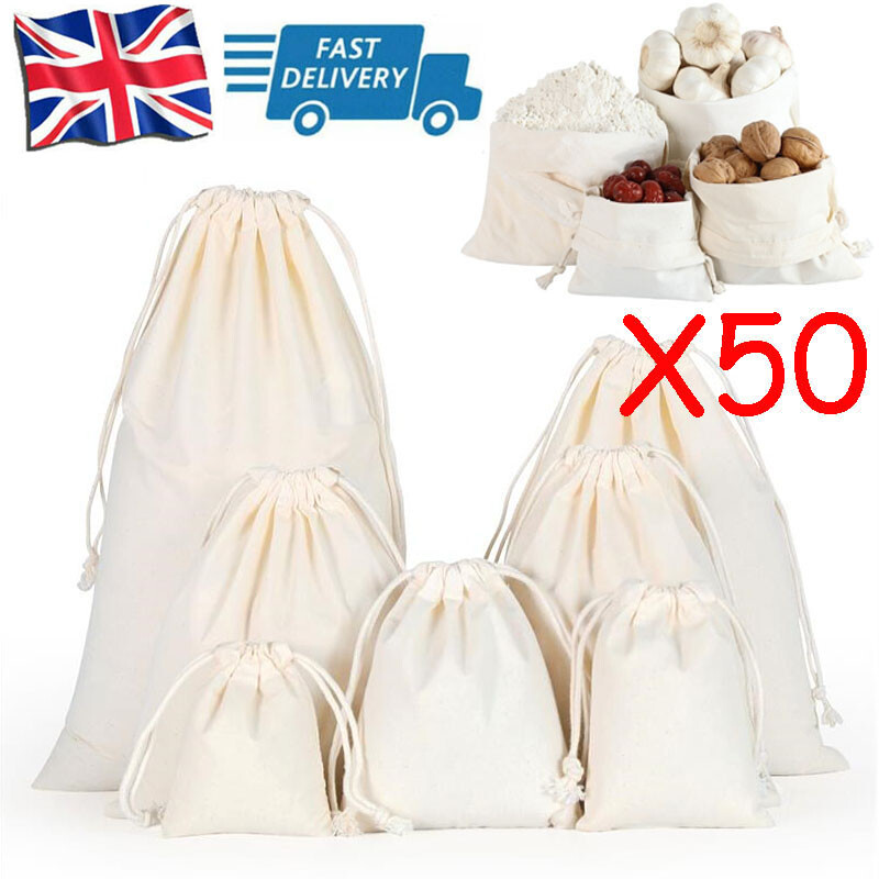 50pcs Calico Drawstring Storage Bags Fabric Natural Cotton Bulk Linen Tote  Food