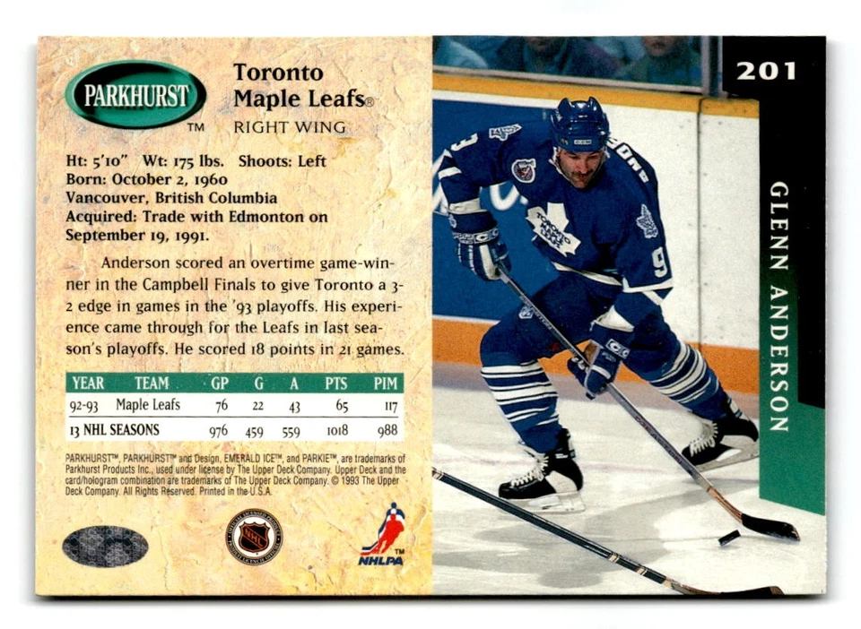 1993-94 Glenn Anderson Parkhurst Emerald Ice - Toronto Maple Leafs - Image 2 of 2