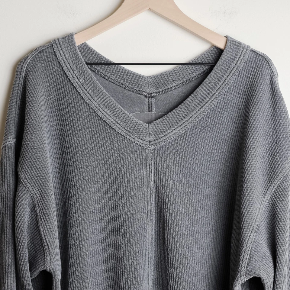 Aerie Womens S Oversized Wonder V-Neck Sweatshirt Pullover Grey Cozycore Lounge - Image 3 of 4