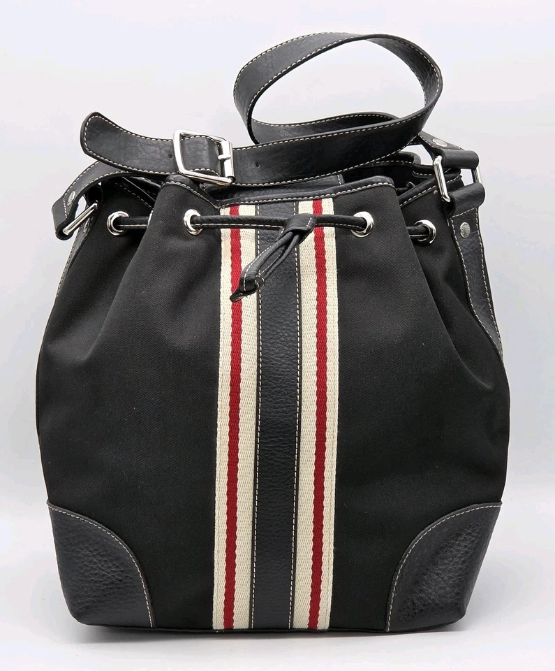Tommy Hilfiger Purse Bucket Bag Drawstring Closure Black Canvas Faux Leather VTG - Image 3 of 4