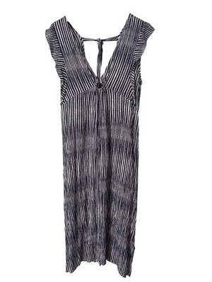 Hem and Thread Midi Dress Size Large Striped V Neck Tie Back Blue White Resort