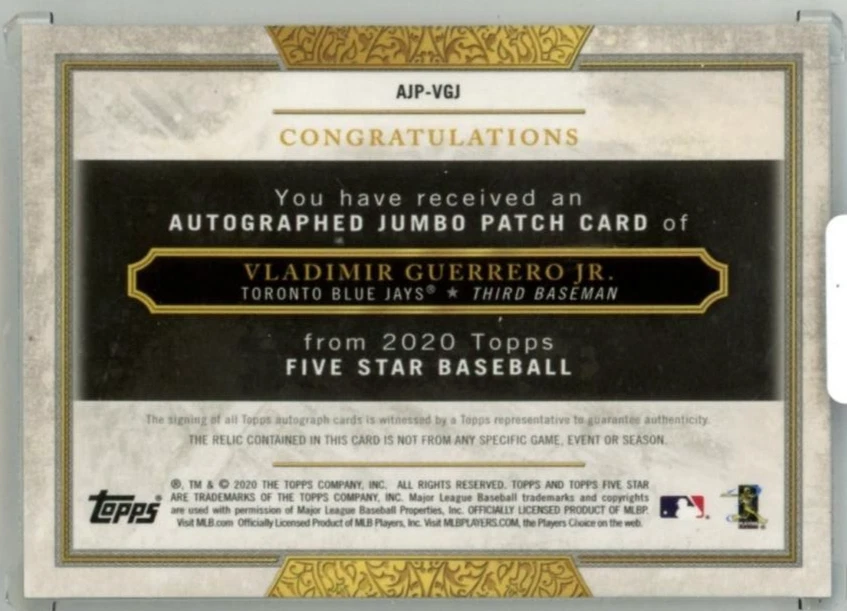 2020 Topps Five Star Vladimir Guerrero Jr. Autographed Jumbo Patch /5 - Image 2 of 2