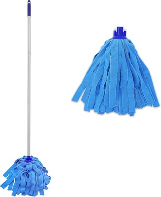 Mop, one pole with two blue microfiber cloths