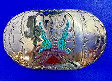 Butterfly Turquoise  Coral Inlaid Vintage Native American Indian Belt Buckle