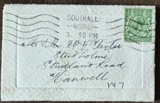 Wedding Invitation With King George V 1¹/² D Stamp, stamped Southall Middx 1927.