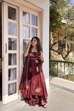 Bollywood Style Pure Silk Maroon Gown Palazzo With Dupatta For Wedding Wear