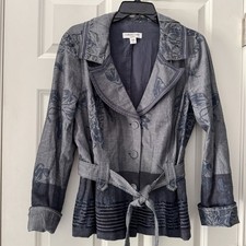 NWOT Coldwater Creek - Mixed Chambray Floral Cotton Belt Jacket Blazer Sz 12