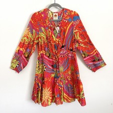 NEW Farm Rio Red Magic Forest Mini Dress Long Sleeve Beaded Tassel Tie Sz Small