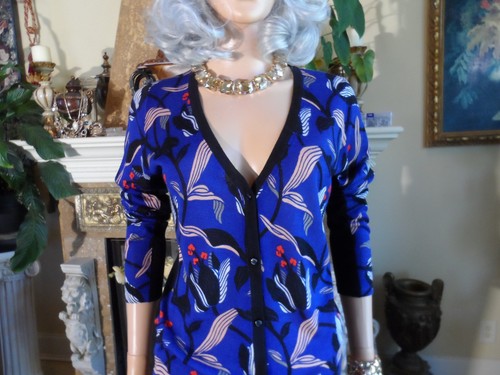 Cardigan Escada blu cobalto multi stampa misto lana/seta Vigin nuovo taglia L - Foto 6 di 24