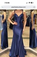 Sherri Hill Size 4 Blue Satin V-Neck Beaded Sequin Strappy Long Maxi Dress