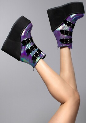 NEW DEMONIA Swing Strapped Iridescent Platform Boots in Black/Green - SALE | eBay