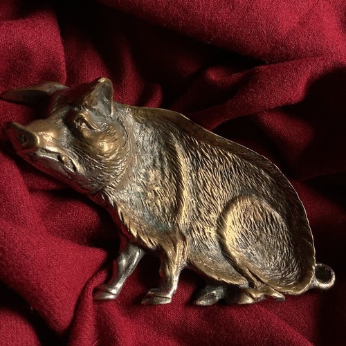 Antigua figura de estatua de animal bandeja de tarjetas de bronce trofeo cazador agricultura granja de cerdos - Imagen 4 de 7