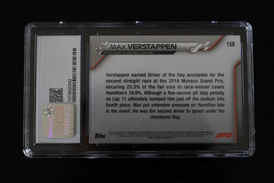 2020 Topps Chrome Sapphire Formula 1 #159 Max Verstappen Monaco Win CSG 8 - Image 2 of 2