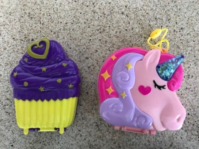 Polly Pocket Compacts Only, Lot of 2.  Cupcake & Forest Unicorn