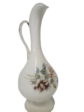 Vintage Handpainted Handblown Floral Rose White Water Pitcher Vase With Handle