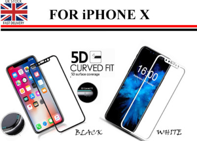 Curved 5D Hartglas Displayschutzfolie Cover für Apple iPhone X: Schwarz/Weiß